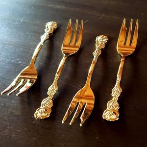 HIC - Harold Import Company 4 Vintage Rose Stem Gold Pastry Forks NEW